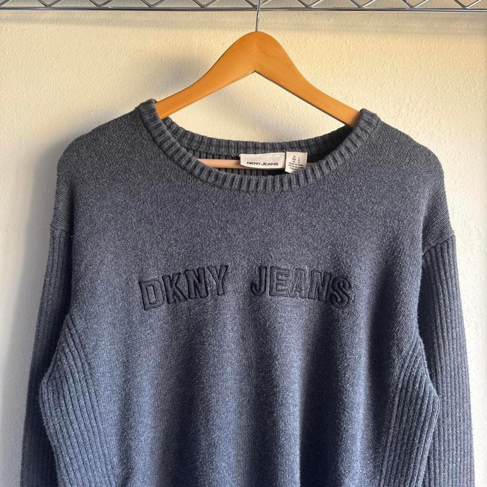 DKNY Jeans Y2K Charcoal Grey Ribbed Knit Crewneck Sweater Embroidered Logo L